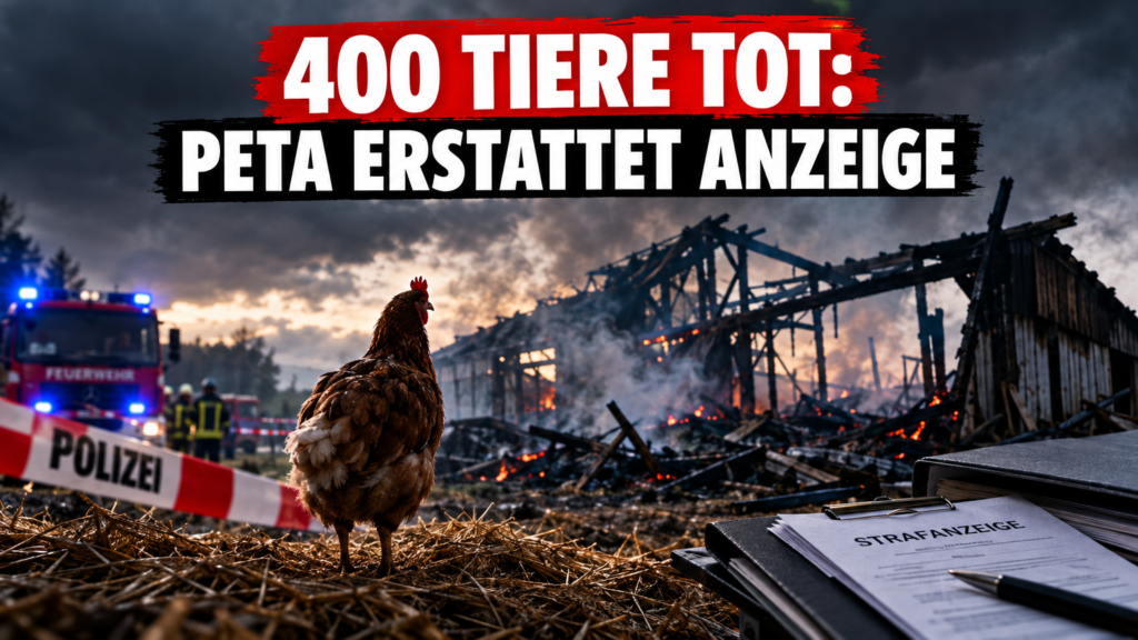 Einsatzkräfte und Brandruine nach dem Brand bei Grosselfingen, bei dem PETA Anzeige erstattete.