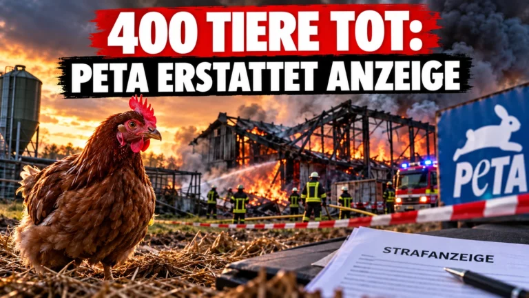 Brand bei Grosselfingen: Huhn vor einer brennenden Stallanlage mit Feuerwehr, PETA-Symbol und Strafanzeige.