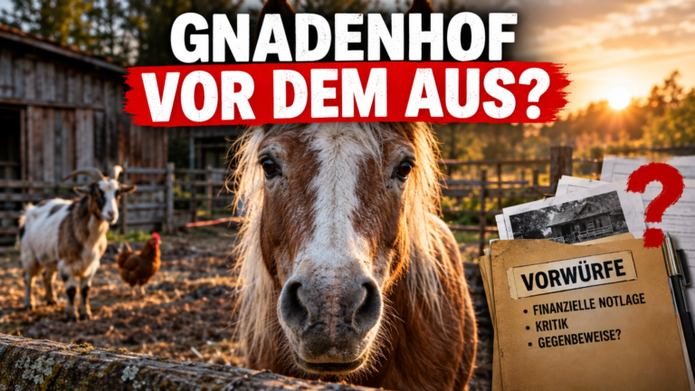 Ein altes Pferd auf dem Gnadenhof in Weeze blickt nachdenklich in die Kamera, während im Hintergrund weitere Tiere auf dem Gelände zu sehen sind.