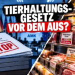 Symbolische Darstellung der politischen Debatte zur Aufhebung des Tierhaltungskennzeichnungsgesetzes mit Regierungsakten und Haltungsform-Labels.