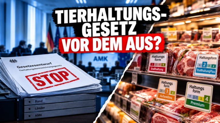 Symbolische Darstellung der politischen Debatte zur Aufhebung des Tierhaltungskennzeichnungsgesetzes mit Regierungsakten und Haltungsform-Labels.