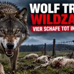 Mutmaßlicher Wolfsangriff in Schmerz: Großer Wolf im Vordergrund, dahinter vier tote Schafe auf einer Weide mit beschädigtem Wildzaun.