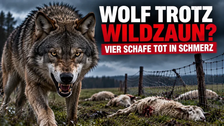 Mutmaßlicher Wolfsangriff in Schmerz: Großer Wolf im Vordergrund, dahinter vier tote Schafe auf einer Weide mit beschädigtem Wildzaun.