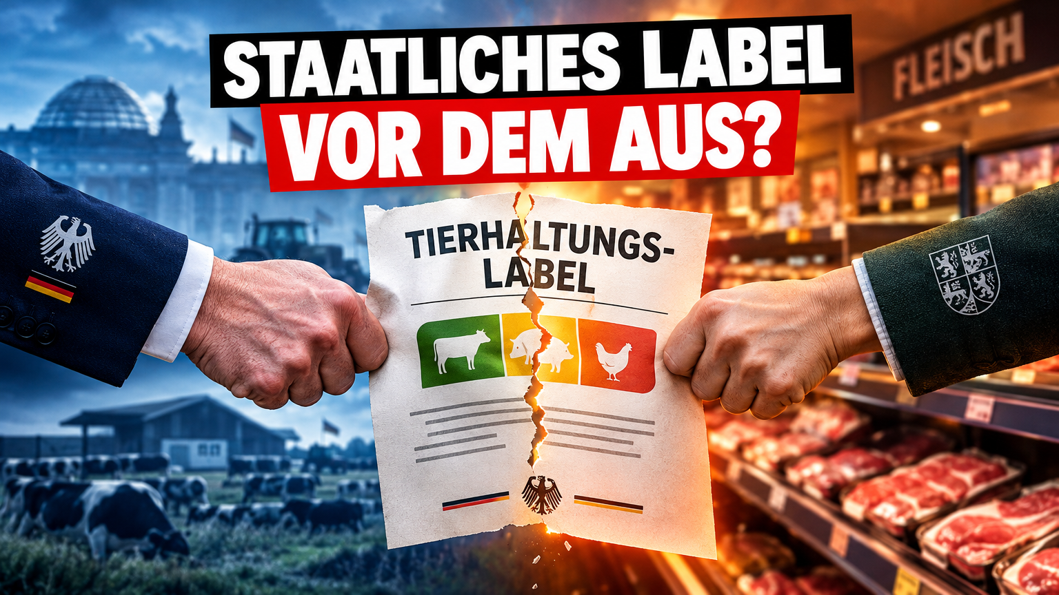 Staatliches Tierhaltungslabel abschaffen: Symbolische Darstellung der politischen Debatte um das staatliche Tierhaltungslabel abschaffen