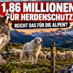 Ein wachsamer Wolf vor der Kulisse der Schweizer Alpen als Symbol für die Herausforderungen beim Herdenschutz im Kanton Wallis.