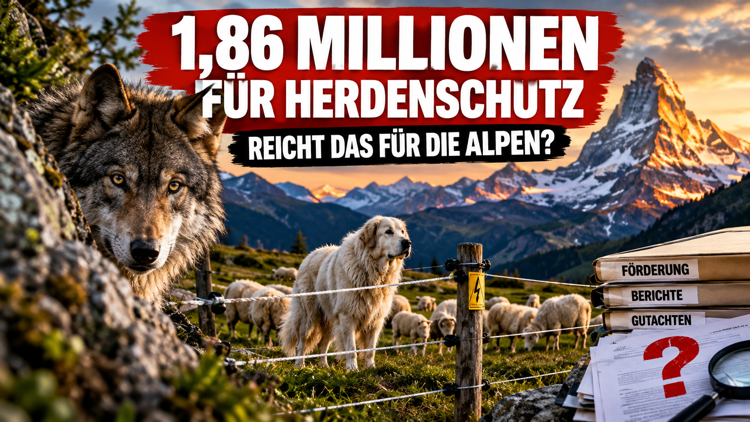 Ein wachsamer Wolf vor der Kulisse der Schweizer Alpen als Symbol für die Herausforderungen beim Herdenschutz im Kanton Wallis.