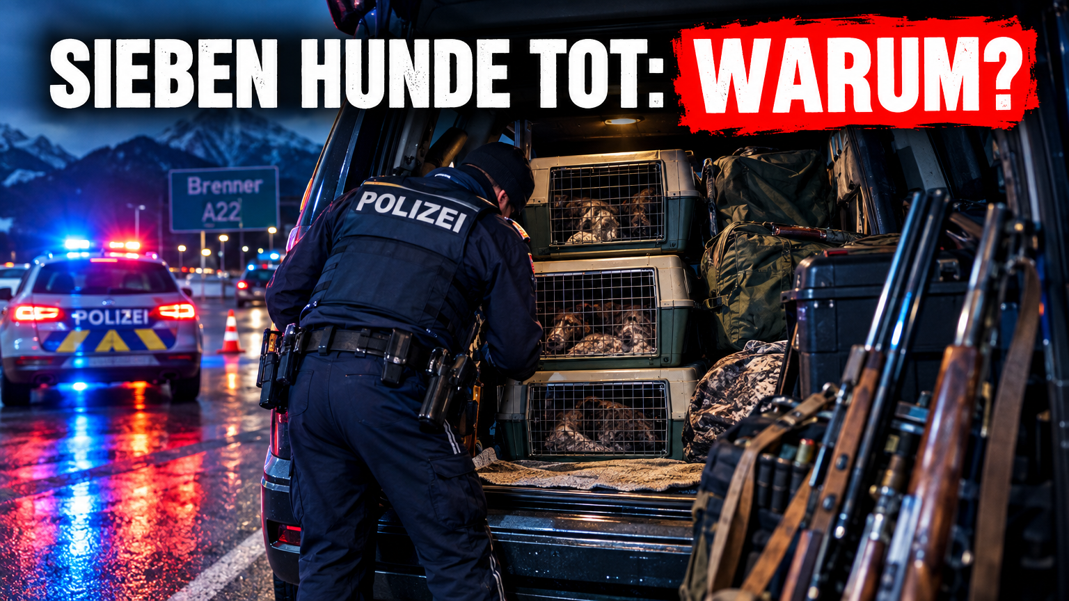 Sieben tote Hunde auf Brennerautobahn A22 entdeckt: Polizei beschlagnahmt Fahrzeug und Waffen 1 Polizeikontrolle an der Raststätte Trens-Ost nach dem Fund von sieben tote Hunde auf Brennerautobahn A22.