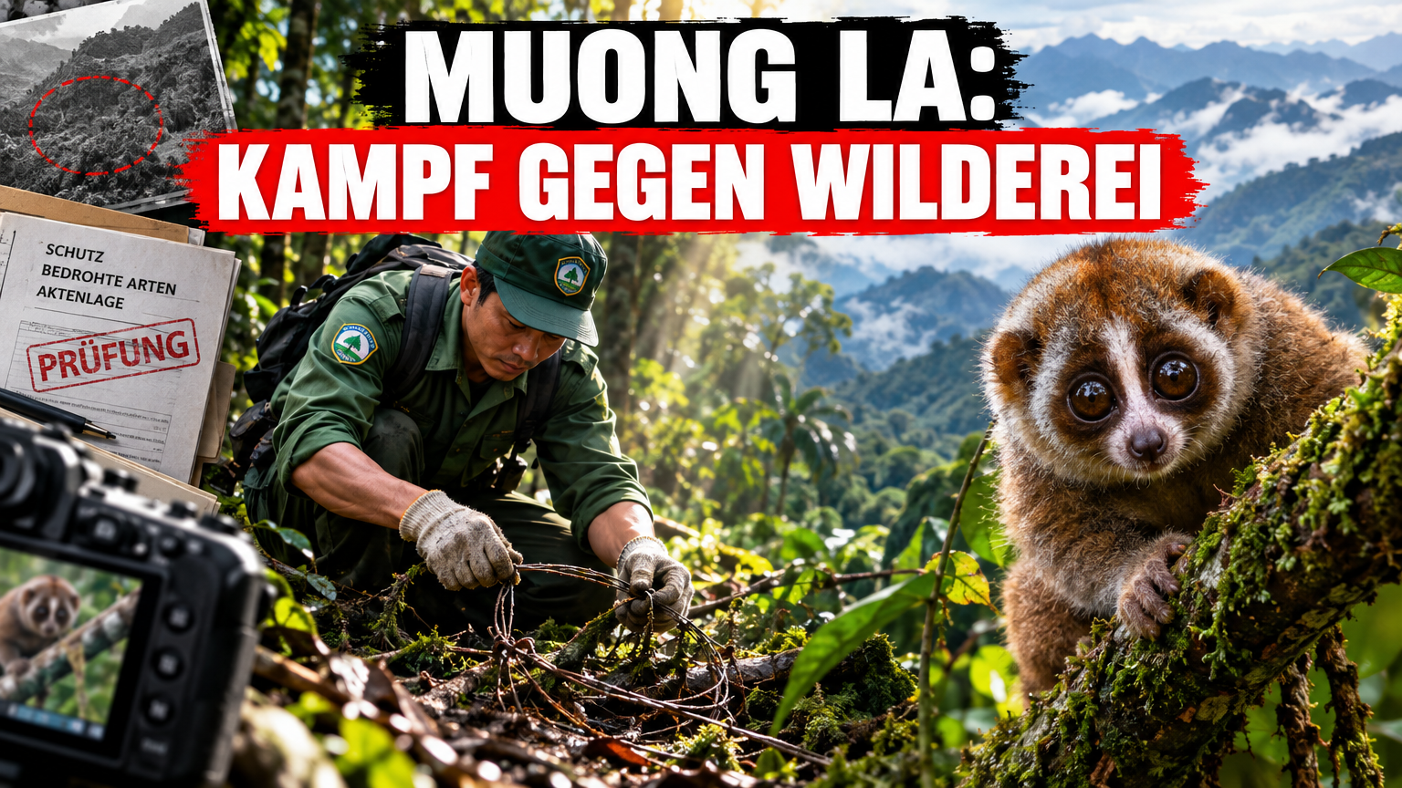 Ein Ranger entfernt eine Falle im Muong La Naturreservat, um den Schutz seltener Tierarten im Muong La Naturreservat zu gewährleisten.