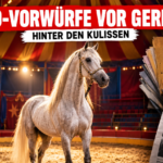 Ein stolzer Araberhengst in der Manege beim Zirkus Rudolf Renz in Waiblingen unter warmem Scheinwerferlicht.