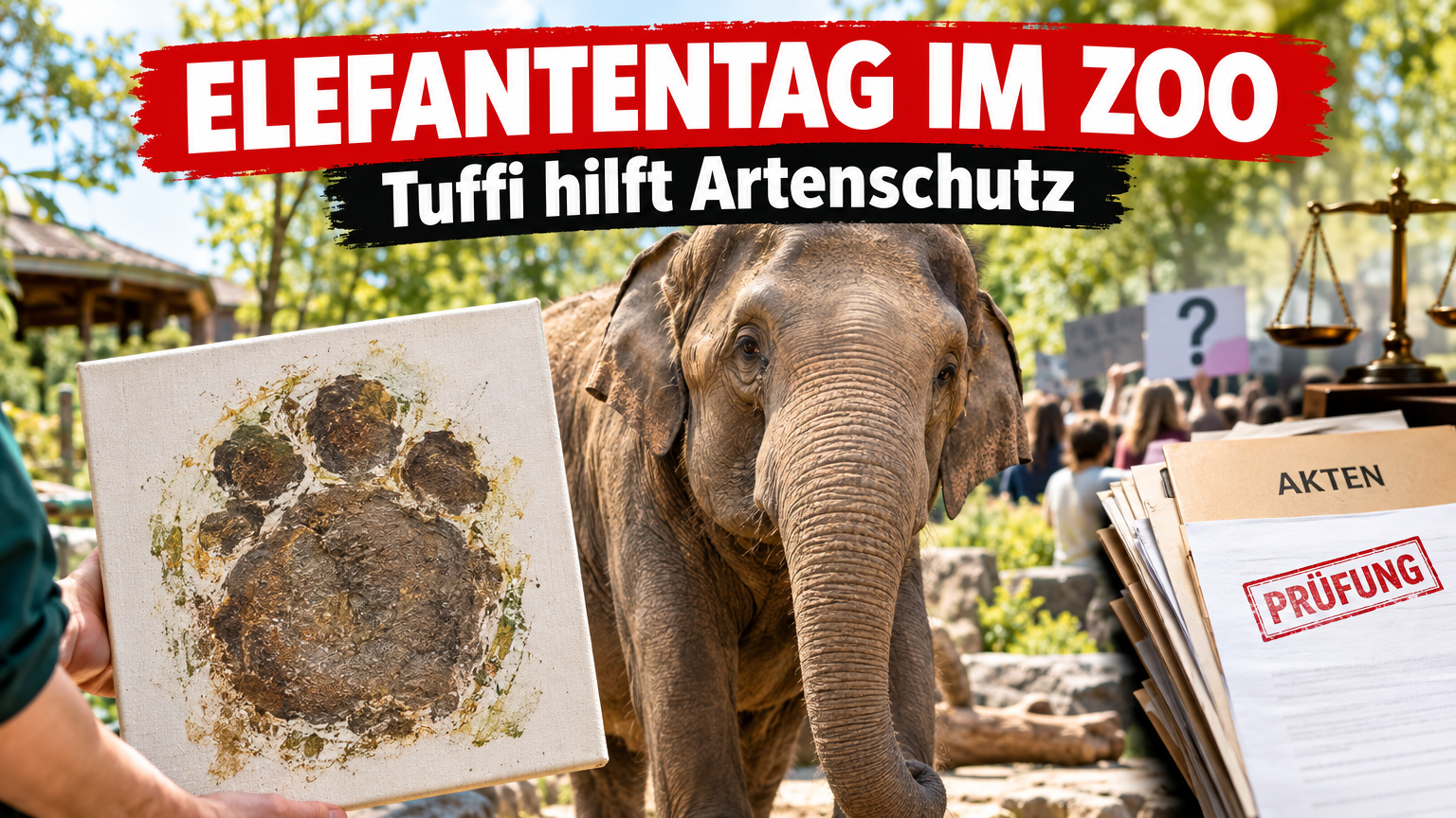 Ein Zoopädagoge präsentiert beim Elefantentag im Wuppertaler Zoo eine Leinwand mit dem Fußabdruck der Elefantenkuh Tuffi.