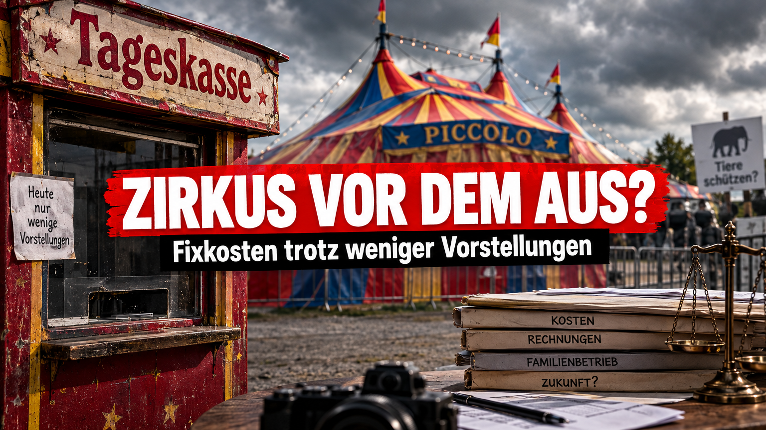 Das Zirkuszelt vom Familienzirkus Piccolo in Schwaikheim vor einer dramatischen Kulisse mit einer Tageskasse im Vordergrund.