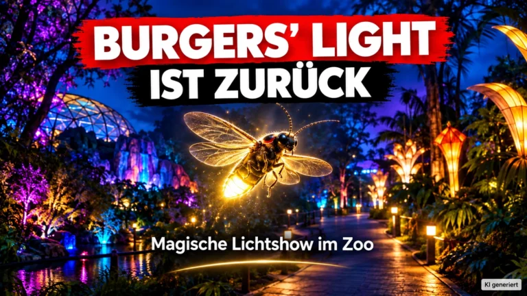 Burgers’ Light im Burgers’ Zoo: Ein leuchtendes Glühwürmchen fliegt durch eine farbenprächtig illuminierte nächtliche Zoolandschaft.