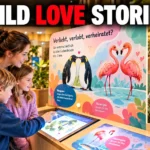 Familie erkundet die interaktive Ausstellung Wild Love Stories im Naturschutz-Tierpark Görlitz mit Illustrationen von Pinguinen, Flamingos, Löwen und Koalas.