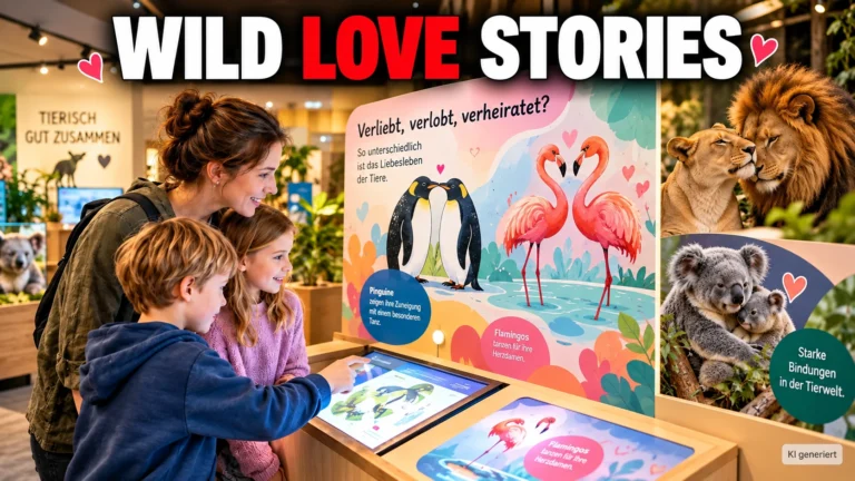 Familie erkundet die interaktive Ausstellung Wild Love Stories im Naturschutz-Tierpark Görlitz mit Illustrationen von Pinguinen, Flamingos, Löwen und Koalas.