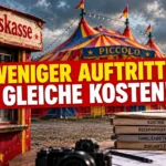 Familienzirkus Piccolo in Schwaikheim mit Zirkuszelt, Tageskasse und der Schlagzeile „Weniger Auftritte – gleiche Kosten!“.