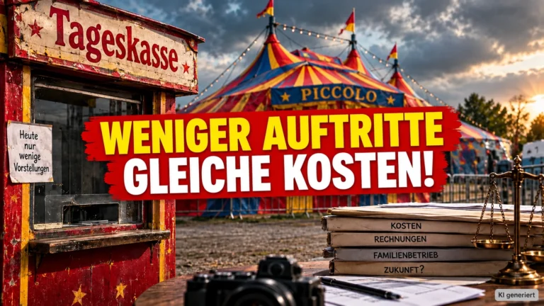 Familienzirkus Piccolo in Schwaikheim mit Zirkuszelt, Tageskasse und der Schlagzeile „Weniger Auftritte – gleiche Kosten!“.