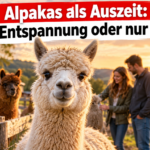 Ein freundliches Alpaka auf dem Alpaka-Hof in Schnabelwaid bei einer entspannten Begegnung mit der Familie.