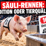 Ein junges Schwein beim Säulirennen an der Olma in einer Arena, während im Hintergrund die öffentliche Debatte um die Campax-Petition angedeutet wird.