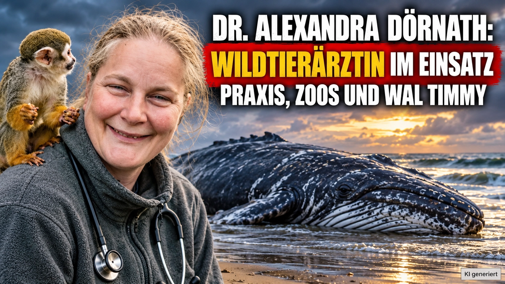 Dr. Alexandra Dörnath: Wildtierärztin spricht über Praxis, Zoos und Wal Timmy 1 Dr. Alexandra Dörnath als Wildtierärztin mit Affe und Wal Timmy am Strand