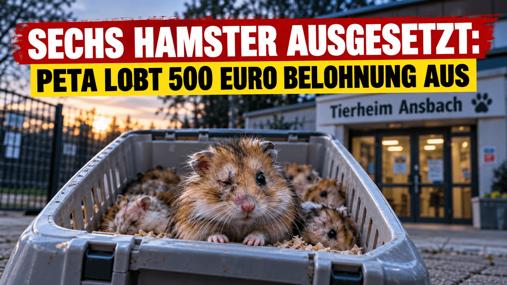 Sechs Hamster vor Tierheim in Ansbach ausgesetzt: Symbolbild zeigt verletzte Hamster in einer Transportbox und die von PETA ausgelobte Belohnung von 500 Euro.