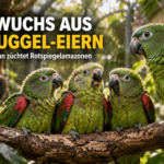 Rotspiegelamazonen Nachzucht im Tiergarten Schönbrunn mit drei jungen Papageien auf einem Ast.