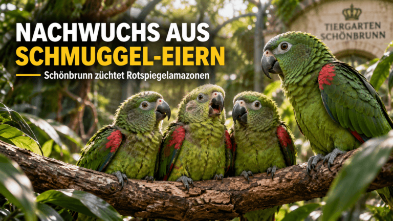 Rotspiegelamazonen Nachzucht im Tiergarten Schönbrunn mit drei jungen Papageien auf einem Ast.