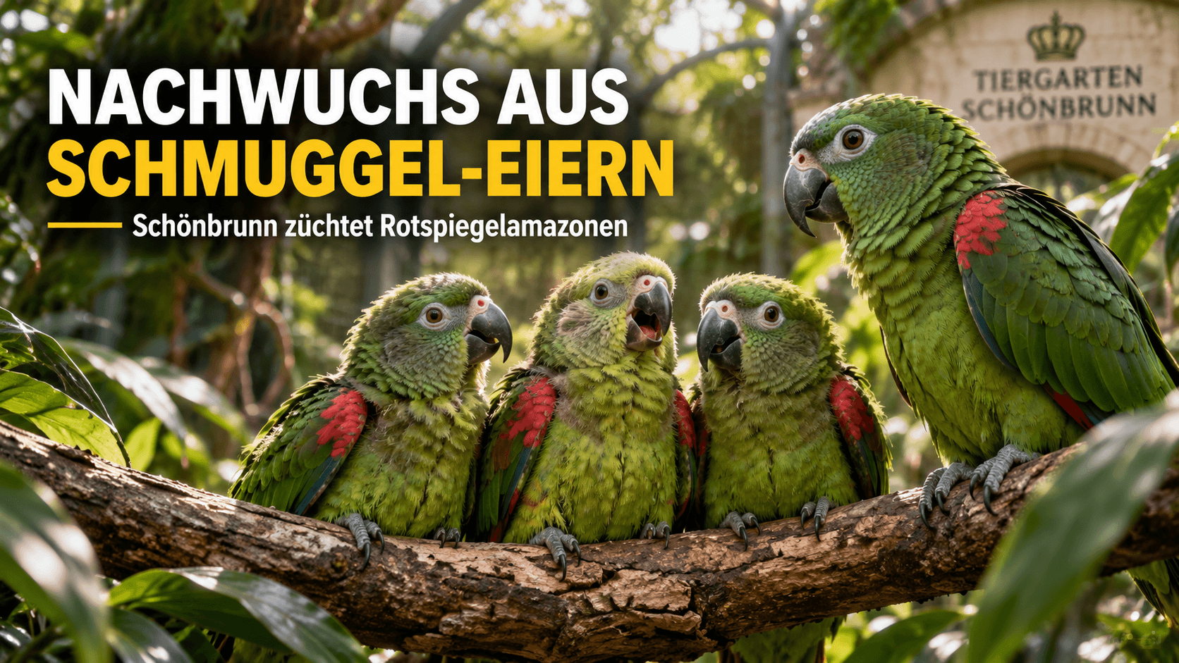 Rotspiegelamazonen Nachzucht im Tiergarten Schönbrunn mit drei jungen Papageien auf einem Ast.
