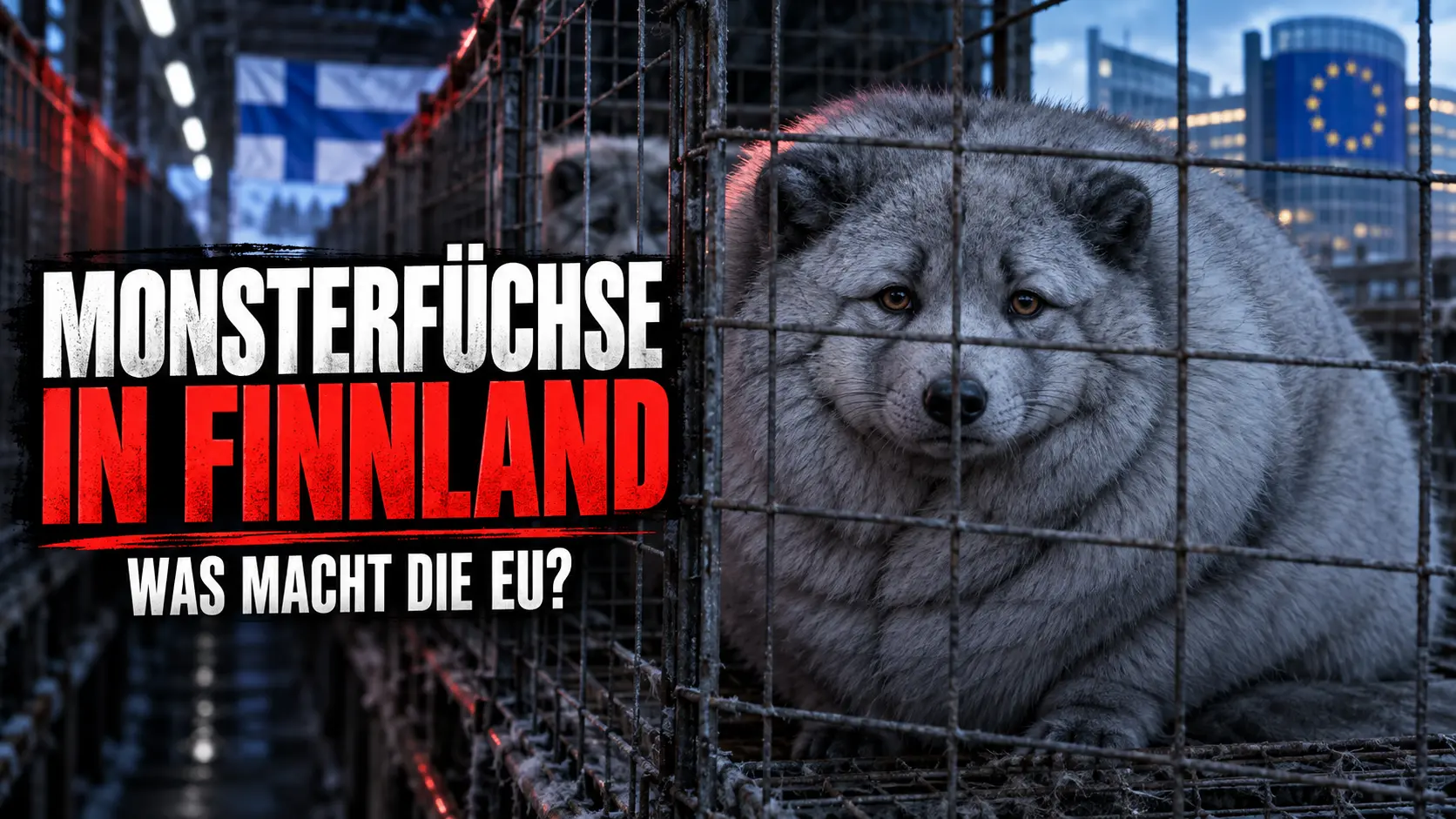 Monsterfüchse in Finnland in einem engen Drahtkäfig vor finnischer Flagge und EU-Gebäude