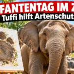 Elefantentag im Wuppertaler Zoo: Afrikanischer Elefant neben einer Leinwand mit einem Elefantenfußabdruck als Symbol für die Artenschutz-Spendenaktion.