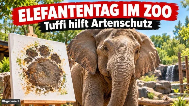 Elefantentag im Wuppertaler Zoo: Afrikanischer Elefant neben einer Leinwand mit einem Elefantenfußabdruck als Symbol für die Artenschutz-Spendenaktion.