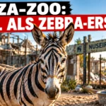 KI-generiertes Symbolbild zum Nuseirat-Zoo im Gazastreifen: Ein als Zebra bemalter Esel steht vor dem beschädigten Zoo.