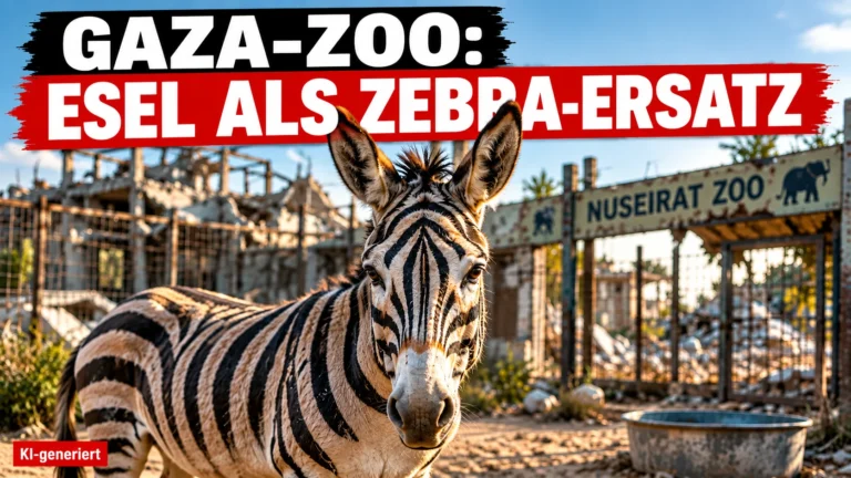 KI-generiertes Symbolbild zum Nuseirat-Zoo im Gazastreifen: Ein als Zebra bemalter Esel steht vor dem beschädigten Zoo.
