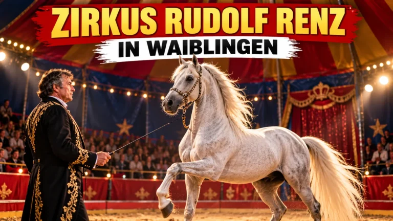 Weißer Araberhengst in der Manege beim Zirkus Rudolf Renz in Waiblingen, begleitet von einem Zirkusdirektor im schwarz-goldenen Kostüm.