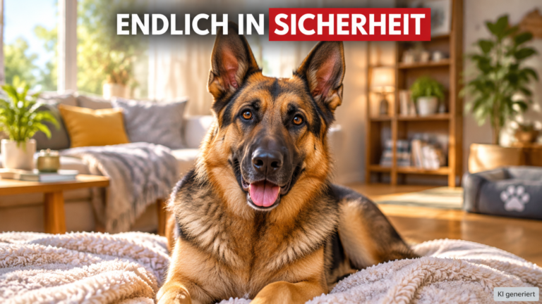 Eine glückliche und gesunde Schäferhündin, die nach ihrer Rettung als ehemals gequälte Amberger Schäferhündin nun in einem sicheren Zuhause entspannt.