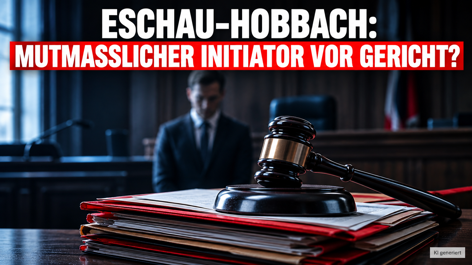 Symbolische Darstellung zum Schlachthofskandal Eschau-Hobbach mit Gerichtsunterlagen und einem Angeklagten im Hintergrund.