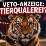 Tiger Fritz blickt in die Kamera, während eine Strafanzeige gegen Dompteur von Melody’s Circusland wegen Tierquälerei im Raum steht.