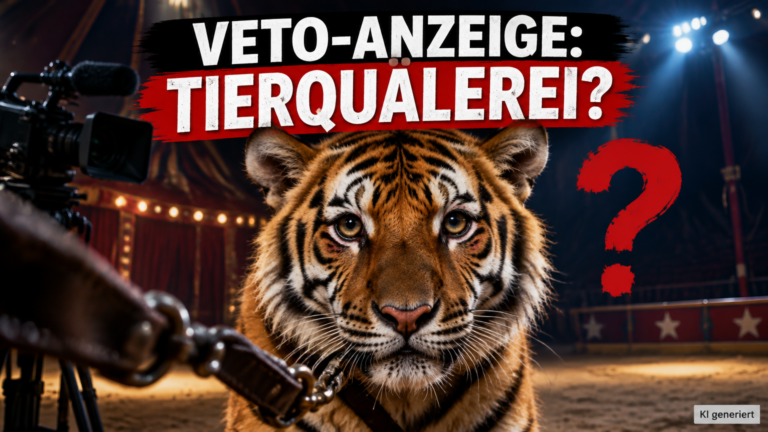 Tiger Fritz blickt in die Kamera, während eine Strafanzeige gegen Dompteur von Melody’s Circusland wegen Tierquälerei im Raum steht.