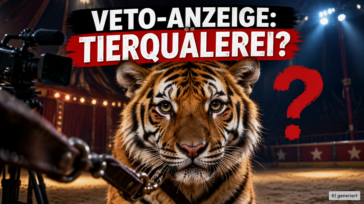 Tiger Fritz blickt in die Kamera, während eine Strafanzeige gegen Dompteur von Melody’s Circusland wegen Tierquälerei im Raum steht.