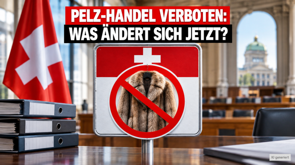 Symbolische Darstellung der neuen Gesetzgebung, da die Schweiz beschliesst Pelzverbot für Import und Handel einzuführen.