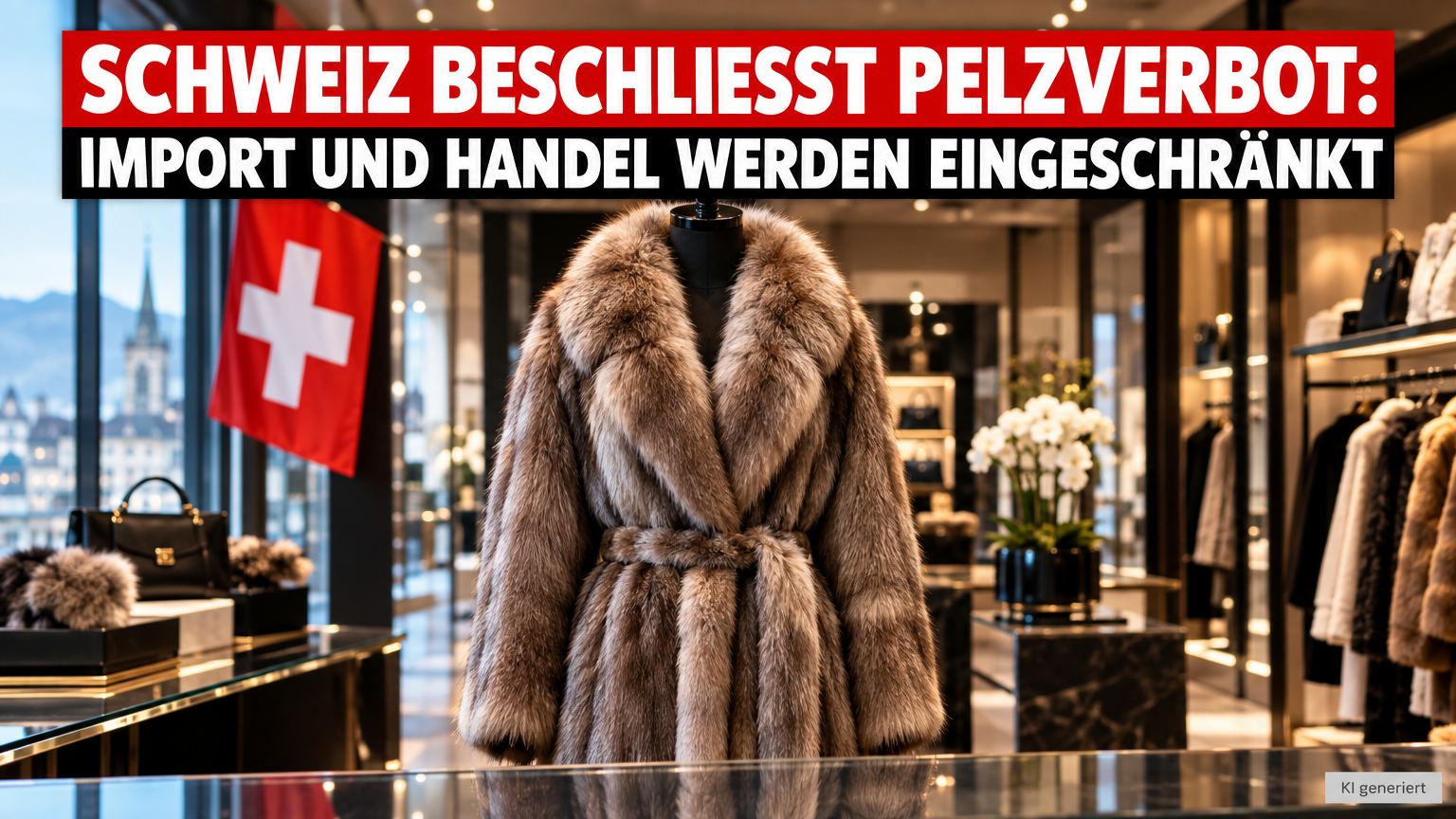 Ein symbolisches Bild zum Thema Schweiz beschliesst Pelzverbot mit einem Verbotsschild auf einem Pelzmantel und einem BLV-Zertifikat.