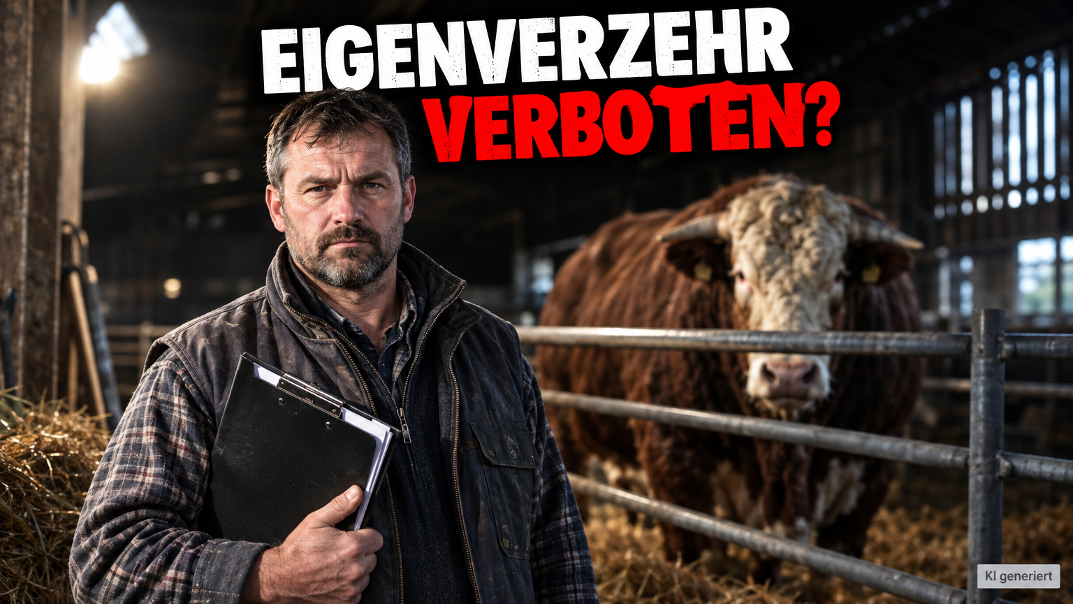 Ein Landwirt mit Dokumenten in einem Stall thematisiert den Eigenverzehr von Fleisch nach Notschlachtung vor dem Hintergrund rechtlicher Vorgaben.