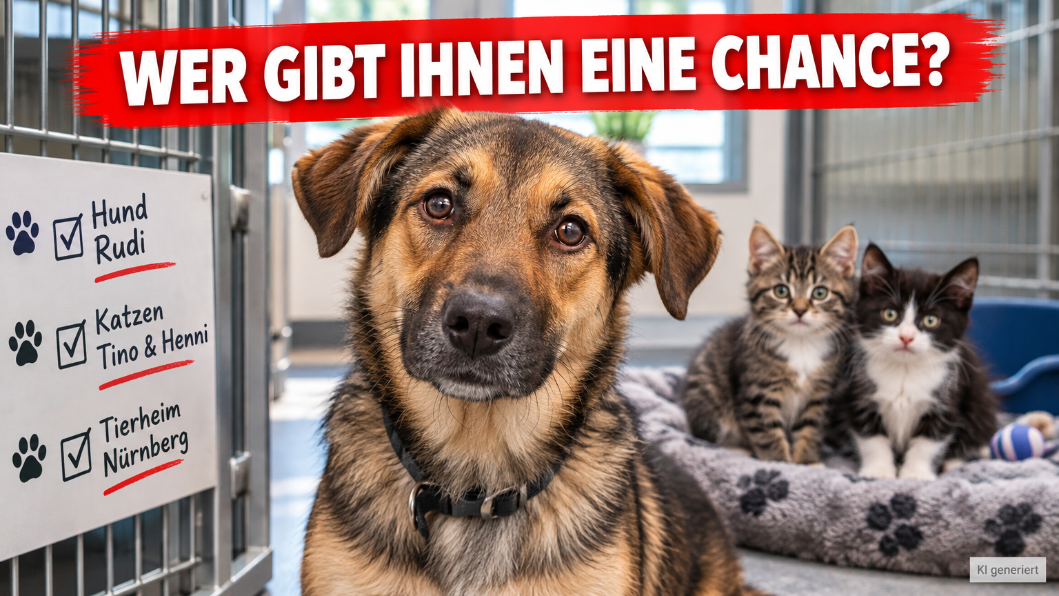 Ein Schäferhund-Mischling und zwei Kätzchen im Tierheim Nürnberg sucht neues Zuhause.