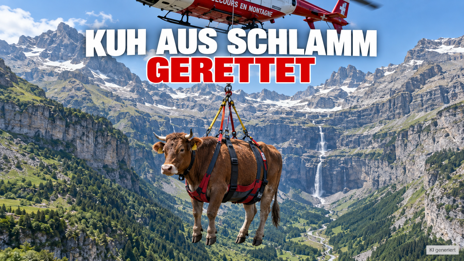 Eine Kuh wird mit Helikopter aus den französischen Pyrenäen gerettet
