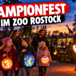 Familien mit leuchtenden Laternen beim Lampionfest im Zoo Rostock während der Herbstferien 2026.
