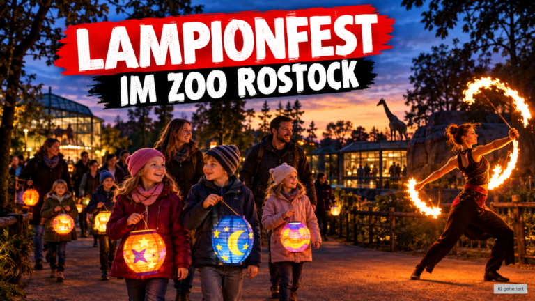 Familien mit leuchtenden Laternen beim Lampionfest im Zoo Rostock während der Herbstferien 2026.
