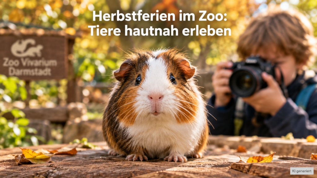 Ein Kind fotografiert ein Meerschweinchen während der Herbstferien im Zoo Vivarium Darmstadt.