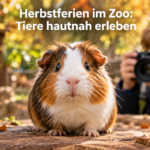 Ein Kind fotografiert ein Meerschweinchen während der Herbstferien im Zoo Vivarium Darmstadt.