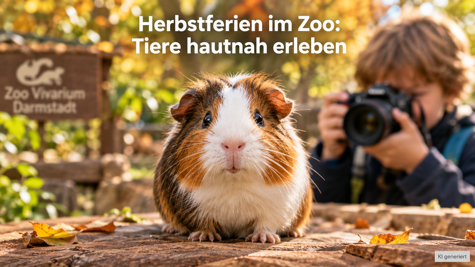Ein Kind fotografiert ein Meerschweinchen während der Herbstferien im Zoo Vivarium Darmstadt.