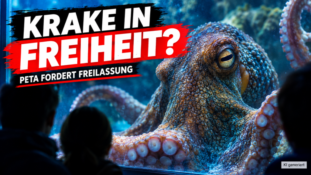 PETA fordert Freiheit für den Kraken im Sea Life Hannover: Ein Krake hinter einer Aquarienscheibe, während PETA Freiheit für den Kraken im Sea Life Hannover fordert.
