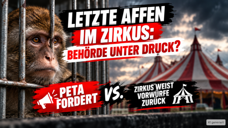 Ein Berberaffe blickt aus einem Gehege, während im Hintergrund ein Zirkuszelt und ein Dokument des Veterinäramts auf das Ende der Berberaffenhaltung im Circus Barus hinweisen.